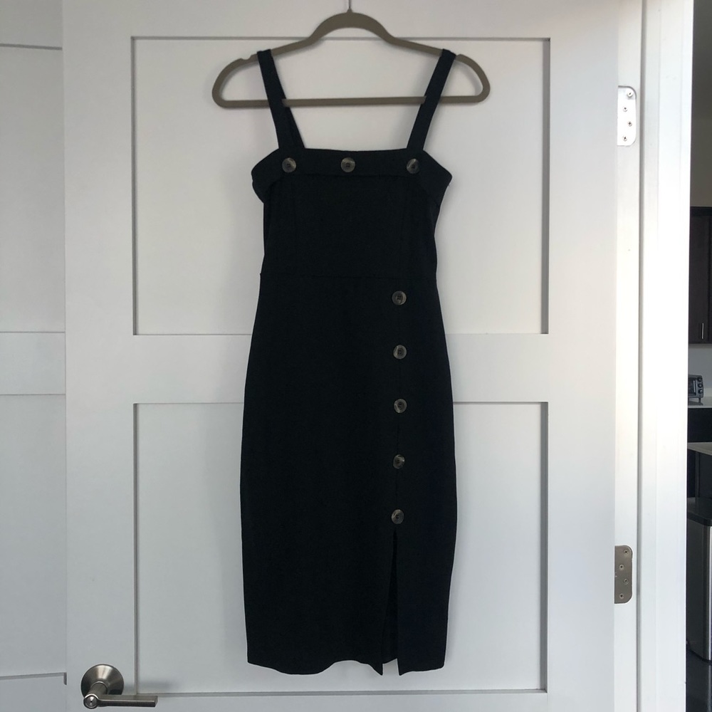 Button detail Squareneck black midi dress